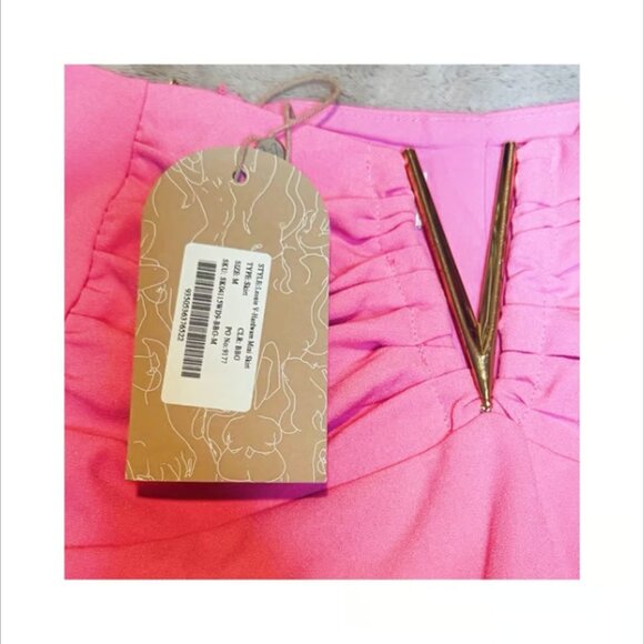 Meshki MSRP $69 NWT Mini Skirt Ruched V-shape Barbiecore Pink Gold Party Medium - Picture 2 of 7